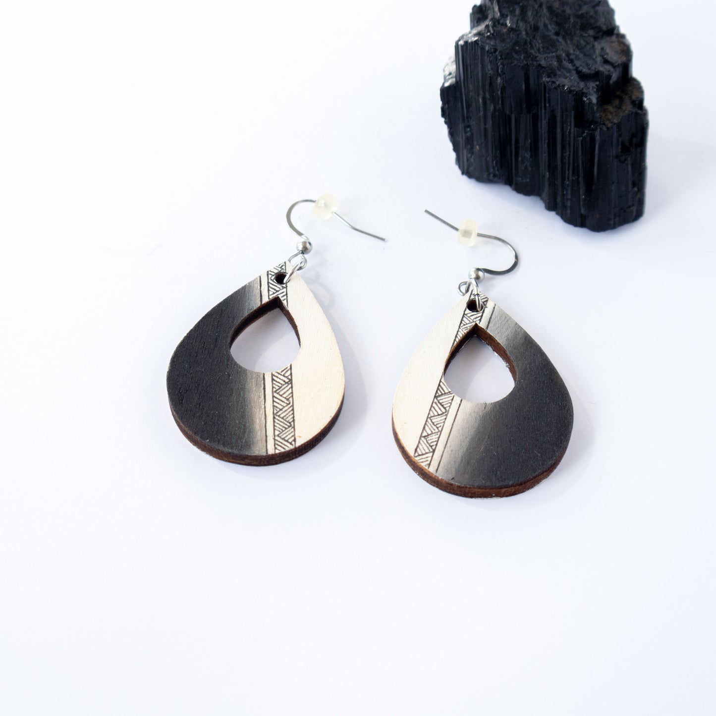 Unique black and white teardrop wooden earring