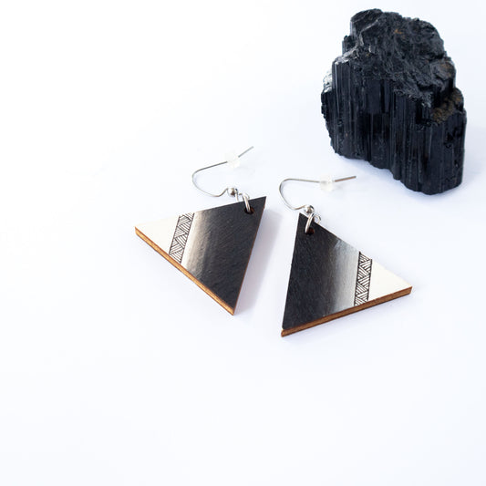 Unique triangle black and white wooden earrings