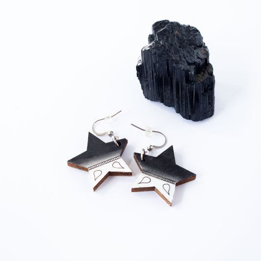 Unique star shaped black and white wooden earrings