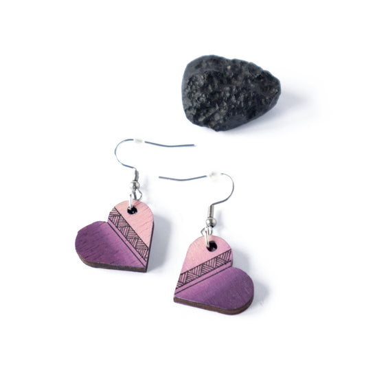 Unique small heart shaped purple wooden earrings