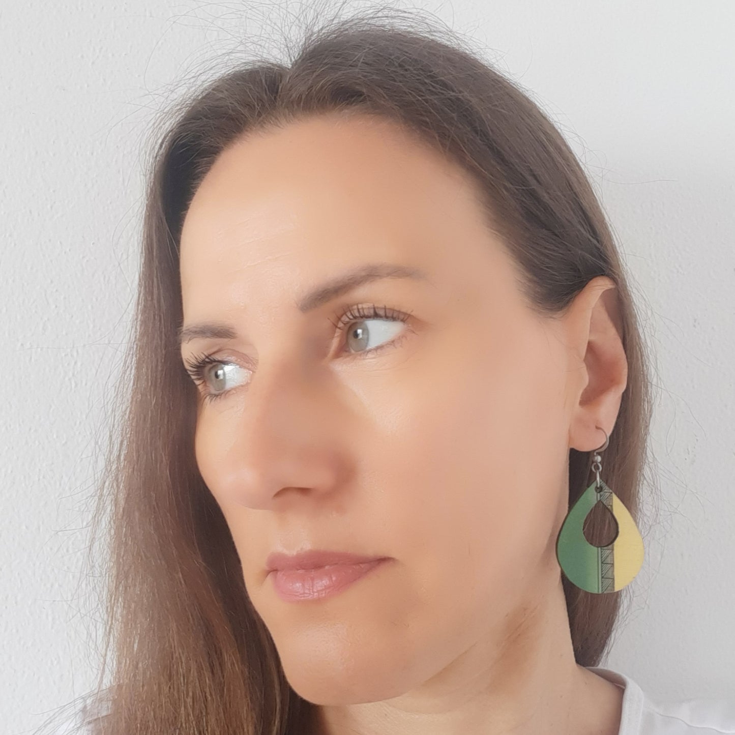 Green yellow unique wooden earrings