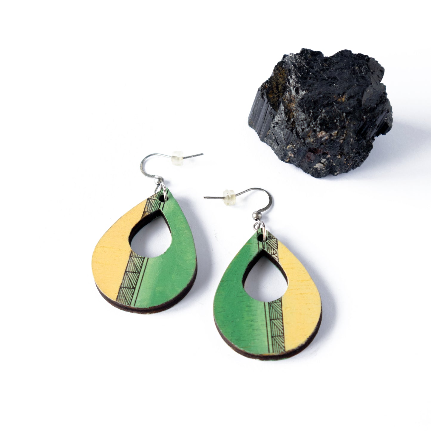 Green yellow unique wooden earrings